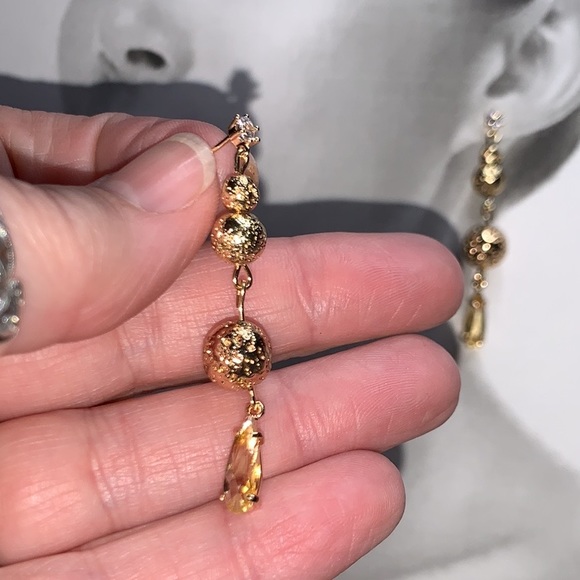 Sheer Yellow Teardrop Faceted Drop Dangle w Gold Semi Precious Lava Bead on CZ - Picture 4 of 16